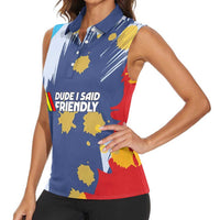 Dude I Said Friendly Graphic Women Sleeveless Polo Shirt with Gold Paint Splatter and Retro Stripes
