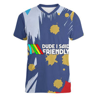 Dude I Said Friendly Graphic Women V-Neck T-Shirt with Gold Paint Splatter and Retro Stripes
