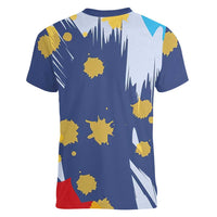 Dude I Said Friendly Graphic Women V-Neck T-Shirt with Gold Paint Splatter and Retro Stripes