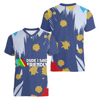 Dude I Said Friendly Graphic Women V-Neck T-Shirt with Gold Paint Splatter and Retro Stripes
