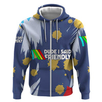 Dude I Said Friendly Graphic Zip Hoodie with Gold Paint Splatter and Retro Stripes