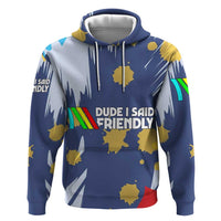 Dude I Said Friendly Graphic Zip Hoodie with Gold Paint Splatter and Retro Stripes