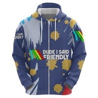 Dude I Said Friendly Graphic Zip Hoodie with Gold Paint Splatter and Retro Stripes