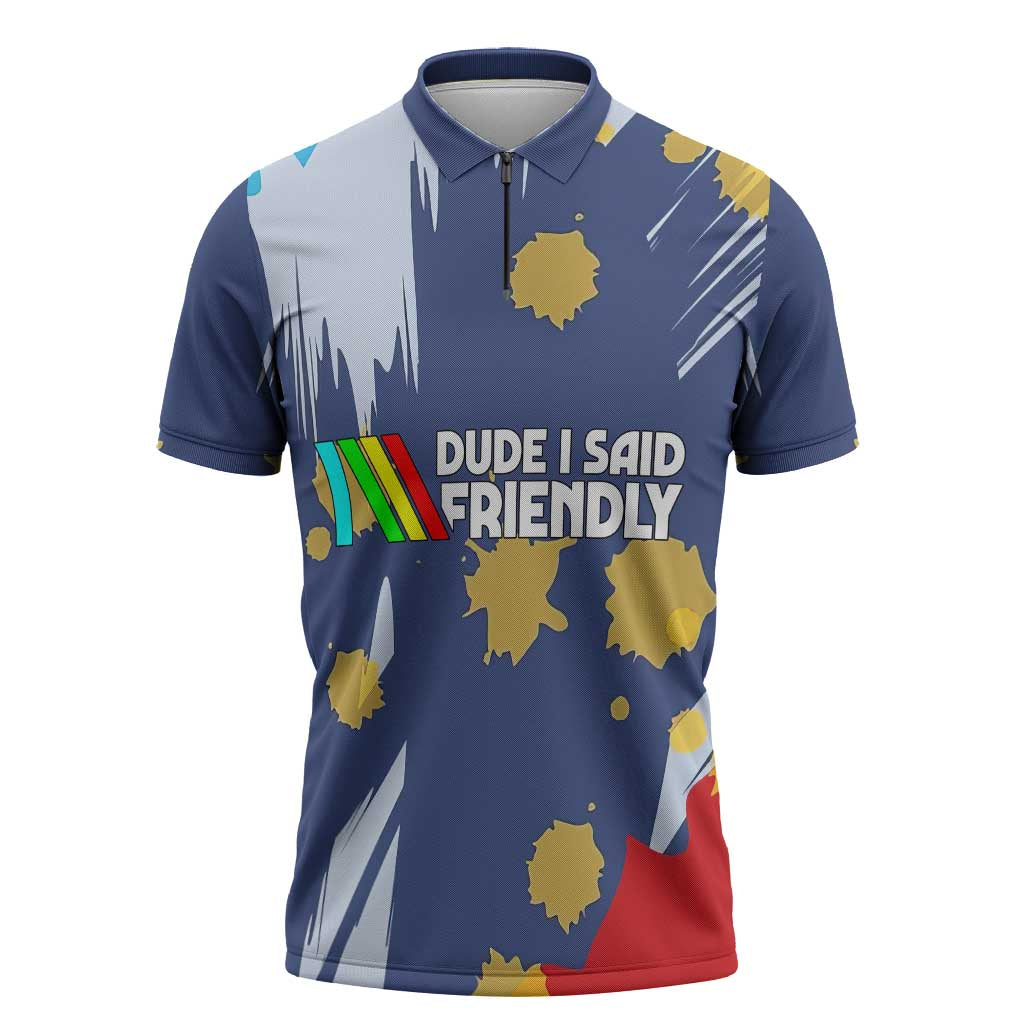 Dude I Said Friendly Graphic Zipper Polo Shirt with Gold Paint Splatter and Retro Stripes
