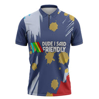 Dude I Said Friendly Graphic Zipper Polo Shirt with Gold Paint Splatter and Retro Stripes