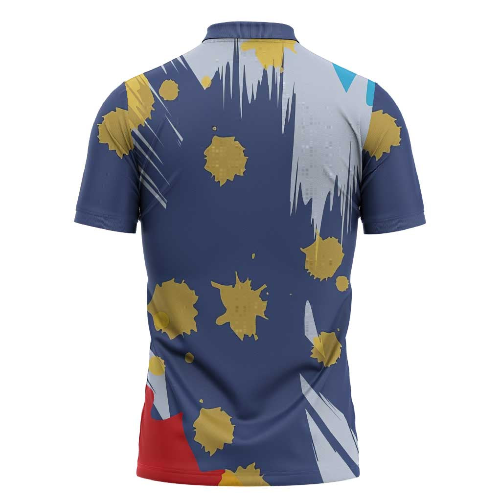 Dude I Said Friendly Graphic Zipper Polo Shirt with Gold Paint Splatter and Retro Stripes