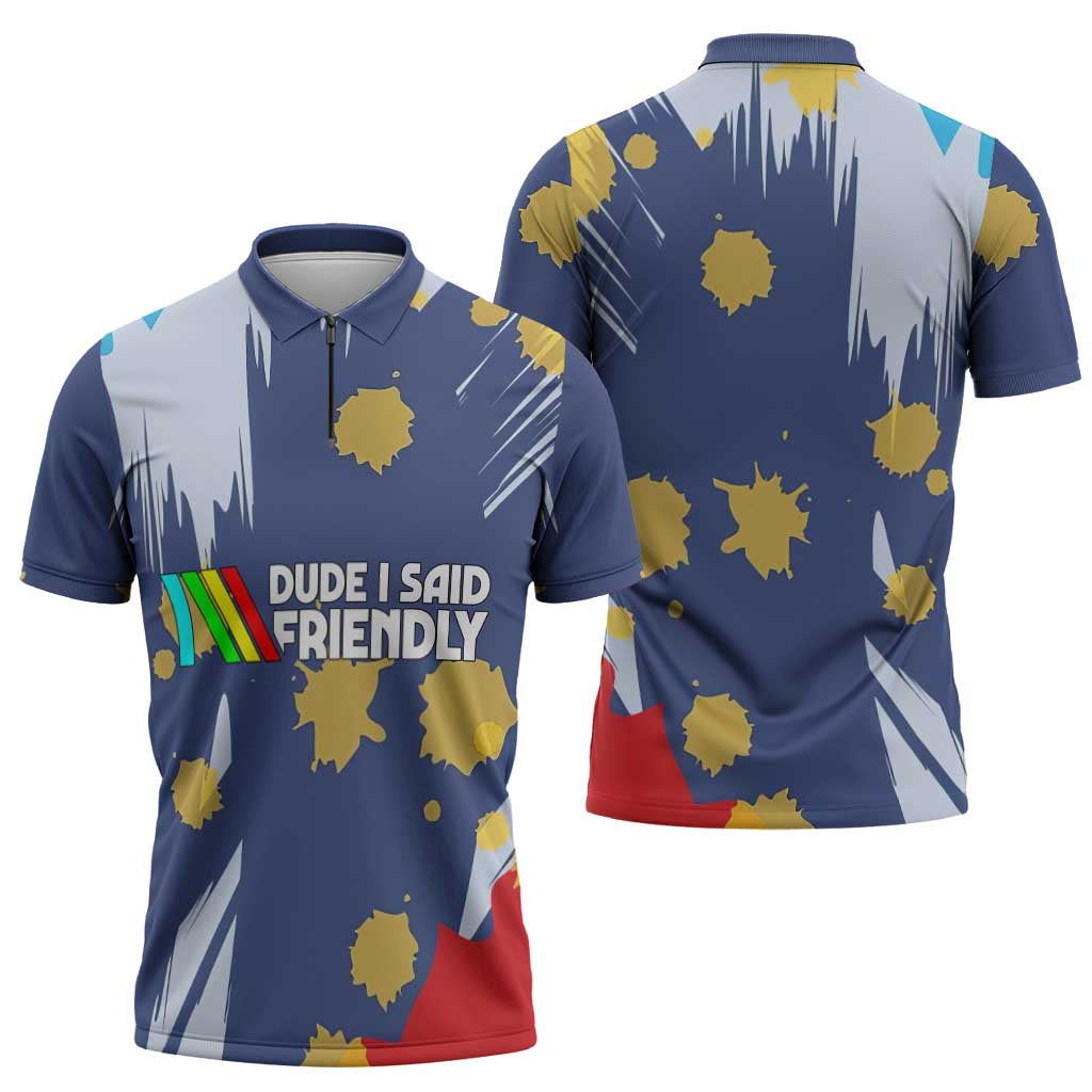 Dude I Said Friendly Graphic Zipper Polo Shirt with Gold Paint Splatter and Retro Stripes