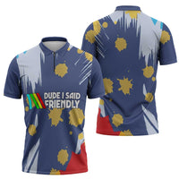 Dude I Said Friendly Graphic Zipper Polo Shirt with Gold Paint Splatter and Retro Stripes