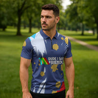 Dude I Said Friendly Graphic Zipper Polo Shirt with Gold Paint Splatter and Retro Stripes