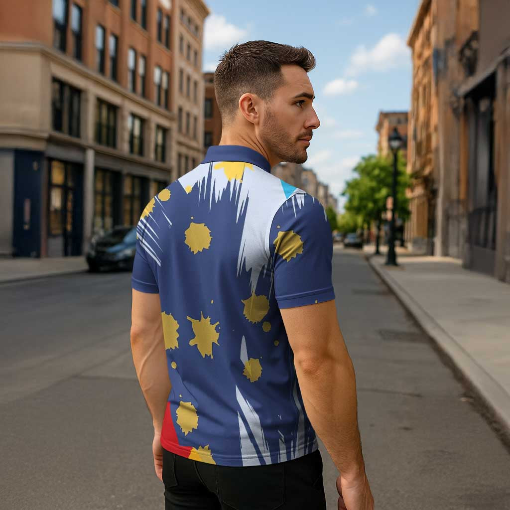 Dude I Said Friendly Graphic Zipper Polo Shirt with Gold Paint Splatter and Retro Stripes