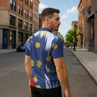 Dude I Said Friendly Graphic Zipper Polo Shirt with Gold Paint Splatter and Retro Stripes