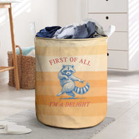 First Of All Raccoon Humor Laundry Basket with Vintage Orange Stripes