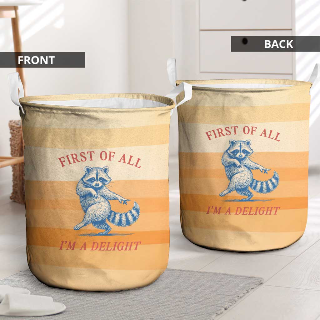 First Of All Raccoon Humor Laundry Basket with Vintage Orange Stripes