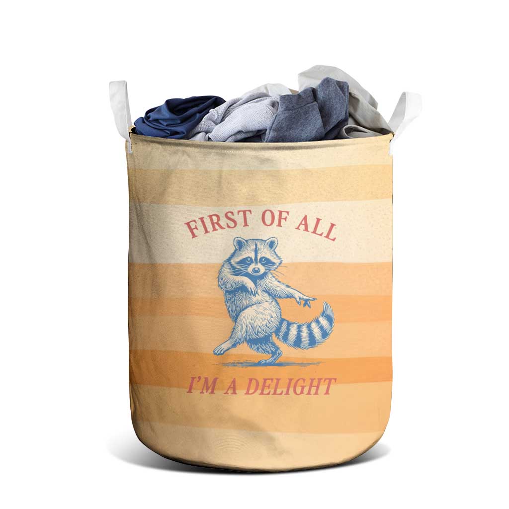 First Of All Raccoon Humor Laundry Basket with Vintage Orange Stripes