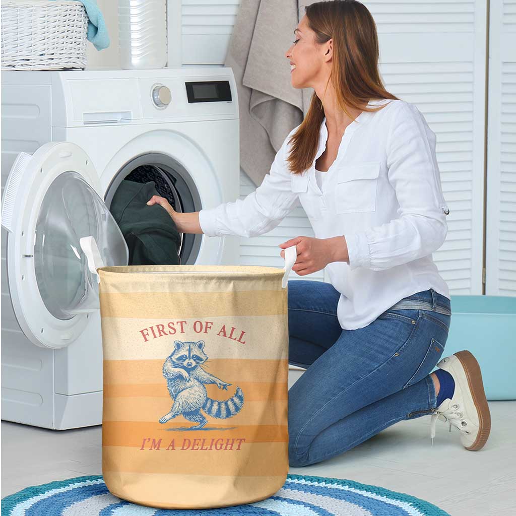 First Of All Raccoon Humor Laundry Basket with Vintage Orange Stripes