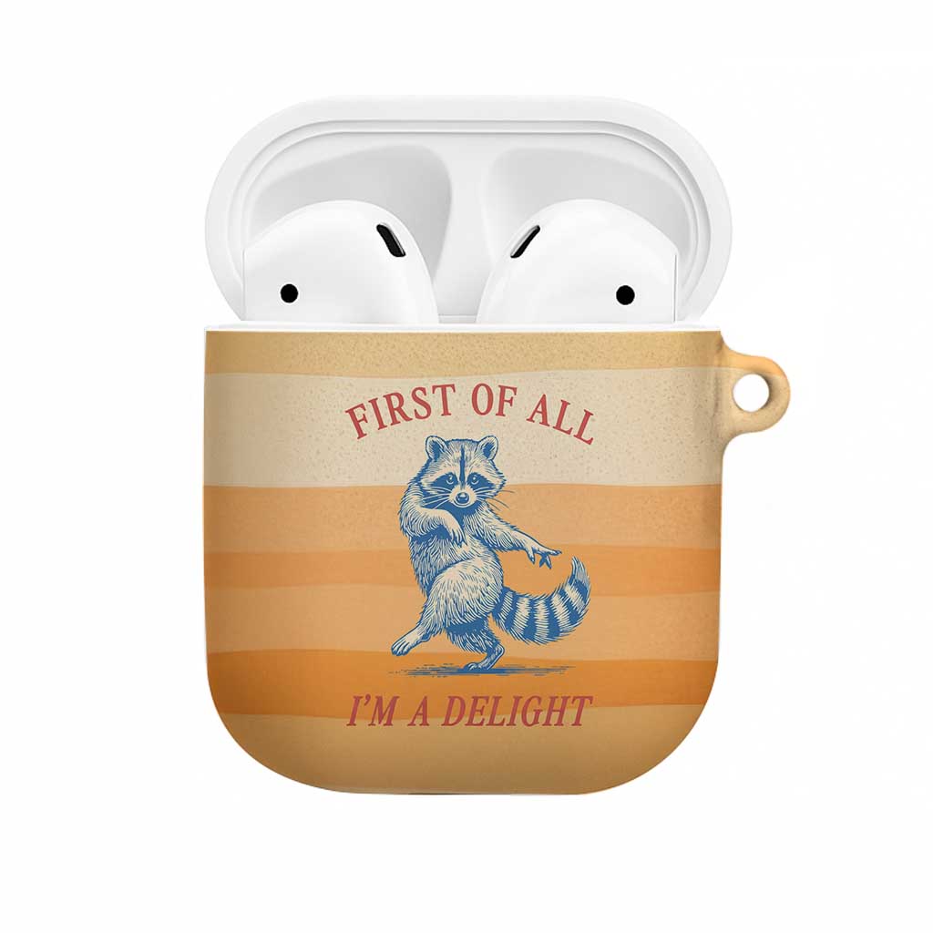 First Of All Raccoon Humor AirPods Case with Vintage Orange Stripes