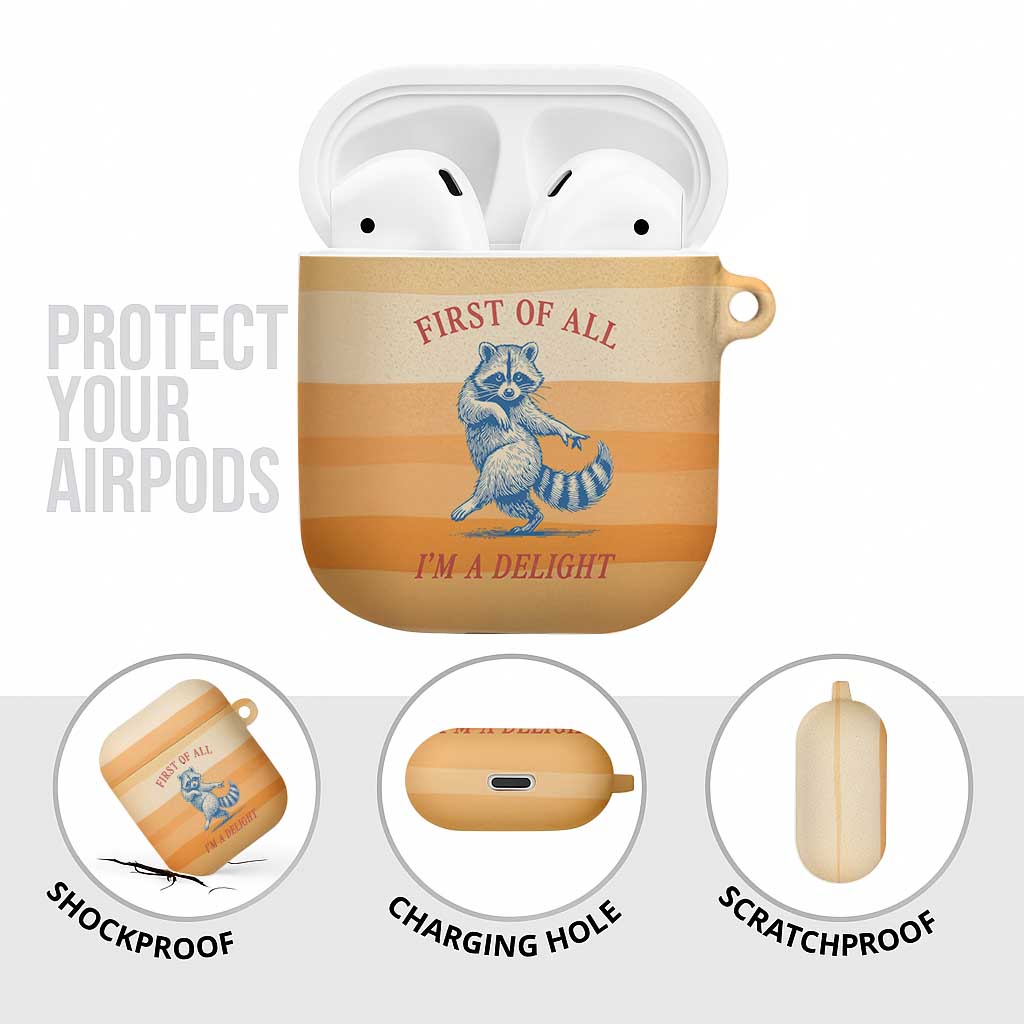 First Of All Raccoon Humor AirPods Case with Vintage Orange Stripes