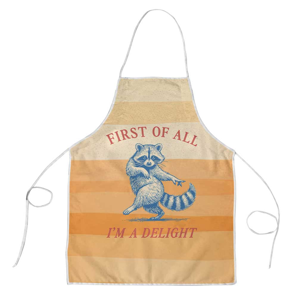 First Of All Raccoon Humor Apron with Vintage Orange Stripes