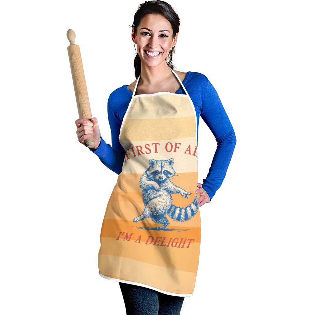 First Of All Raccoon Humor Apron with Vintage Orange Stripes