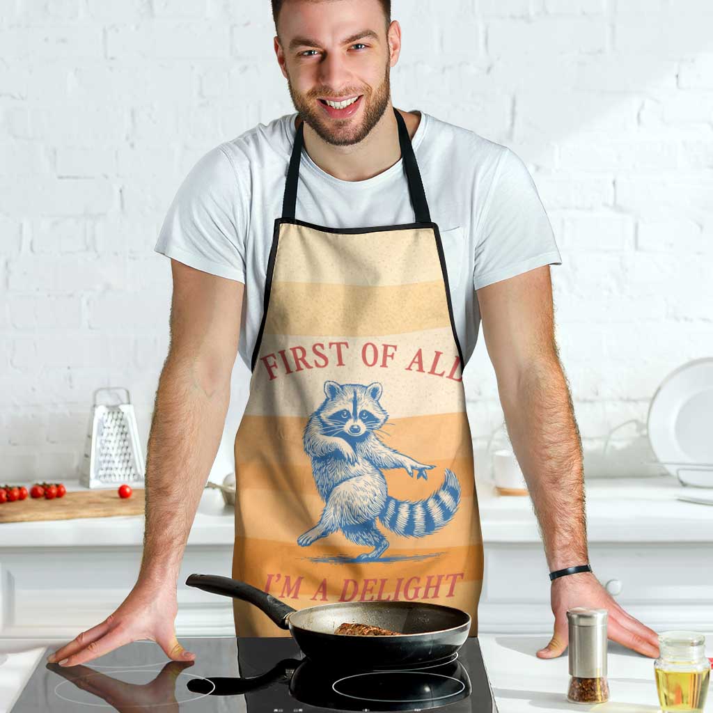 First Of All Raccoon Humor Apron with Vintage Orange Stripes
