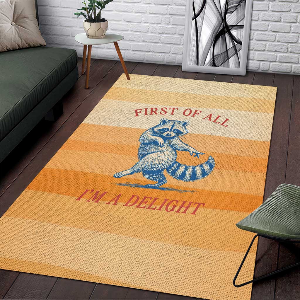 First Of All Raccoon Humor Area Rug with Vintage Orange Stripes