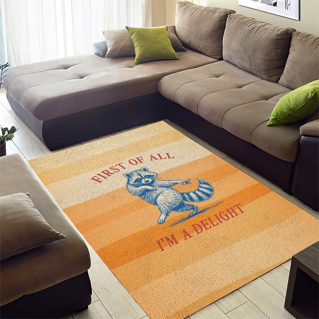 First Of All Raccoon Humor Area Rug with Vintage Orange Stripes