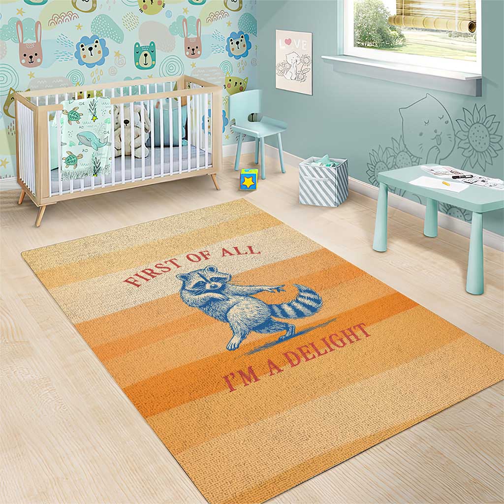 First Of All Raccoon Humor Area Rug with Vintage Orange Stripes