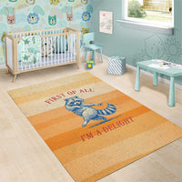 First Of All Raccoon Humor Area Rug with Vintage Orange Stripes