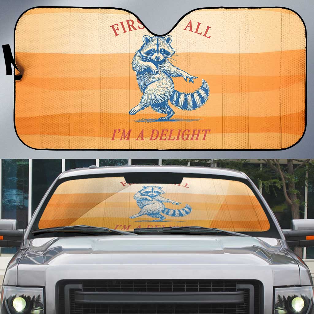 First Of All Raccoon Humor Auto Sun Shade with Vintage Orange Stripes