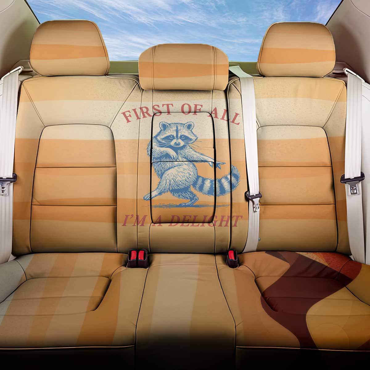 First Of All Raccoon Humor Back Car Seat Cover with Vintage Orange Stripes