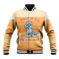 First Of All Raccoon Humor Baseball Jacket with Vintage Orange Stripes