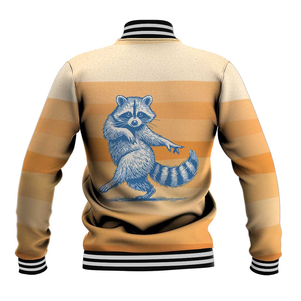 First Of All Raccoon Humor Baseball Jacket with Vintage Orange Stripes
