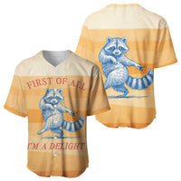 First Of All Raccoon Humor Baseball Jersey with Vintage Orange Stripes