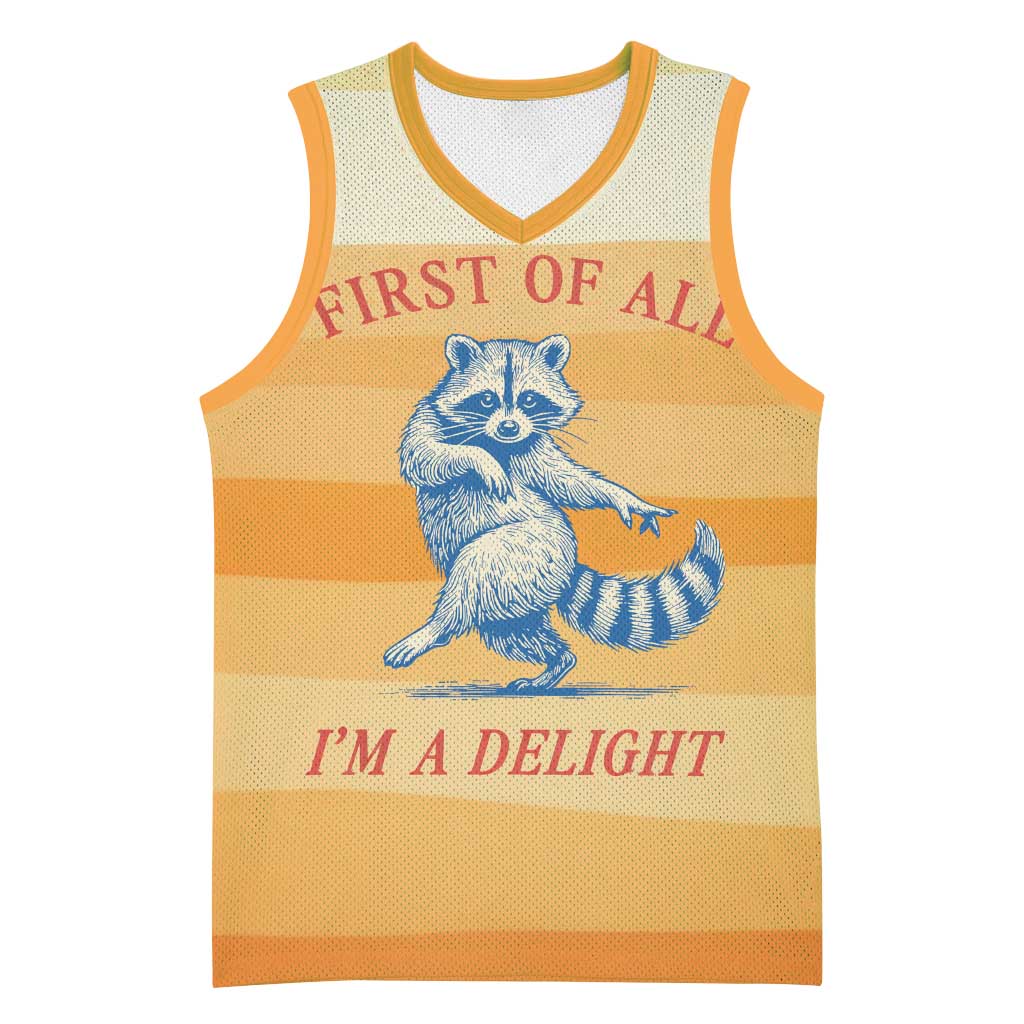 First Of All Raccoon Humor Basketball Jersey with Vintage Orange Stripes