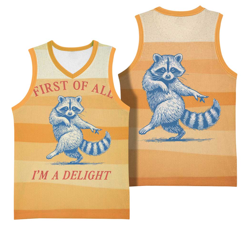 First Of All Raccoon Humor Basketball Jersey with Vintage Orange Stripes