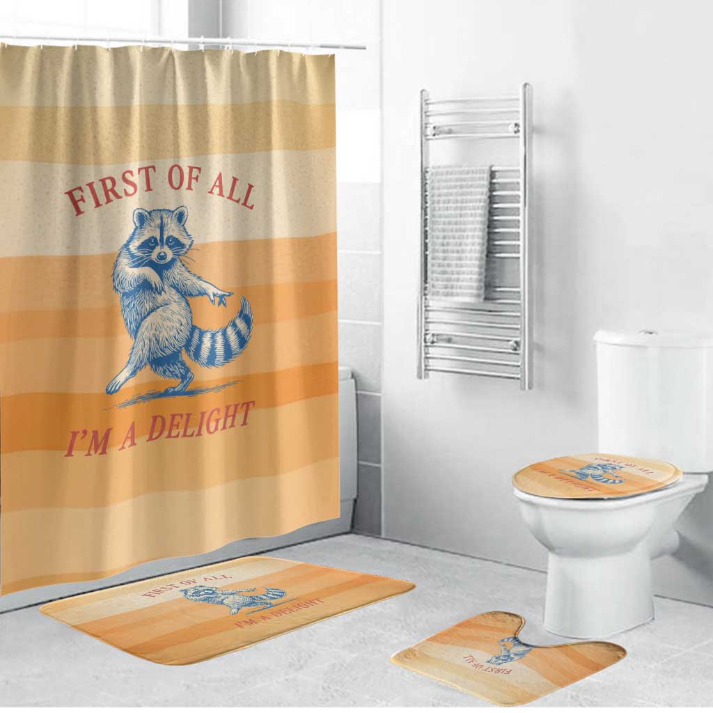 First Of All Raccoon Humor Bathroom Set with Vintage Orange Stripes