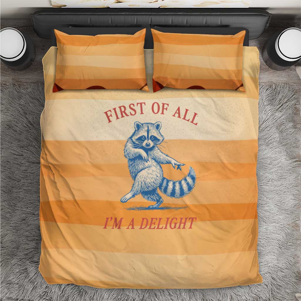First Of All Raccoon Humor Bedding Set with Vintage Orange Stripes