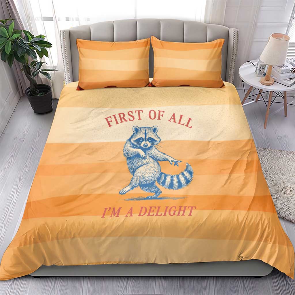 First Of All Raccoon Humor Bedding Set with Vintage Orange Stripes
