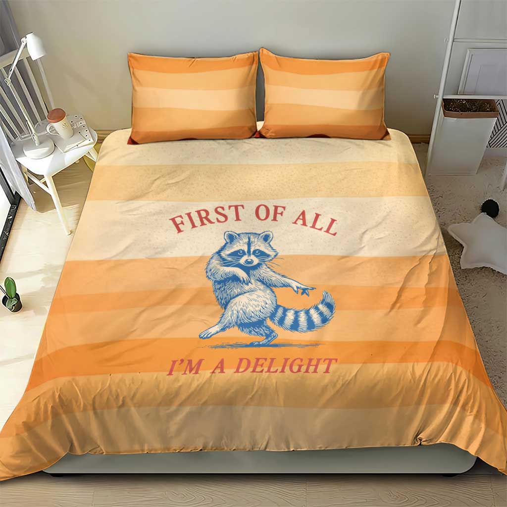 First Of All Raccoon Humor Bedding Set with Vintage Orange Stripes