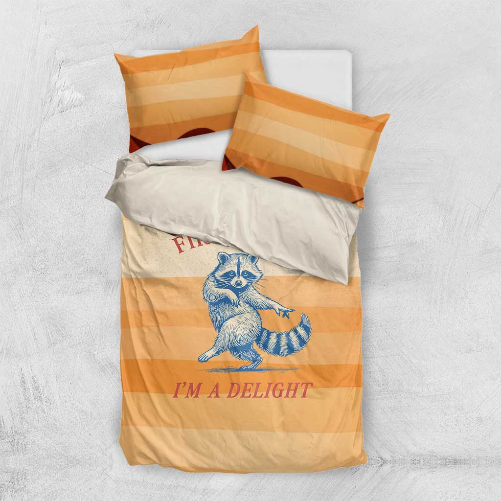 First Of All Raccoon Humor Bedding Set with Vintage Orange Stripes