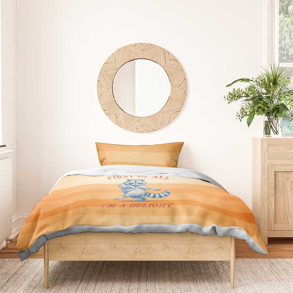 First Of All Raccoon Humor Bedding Set with Vintage Orange Stripes