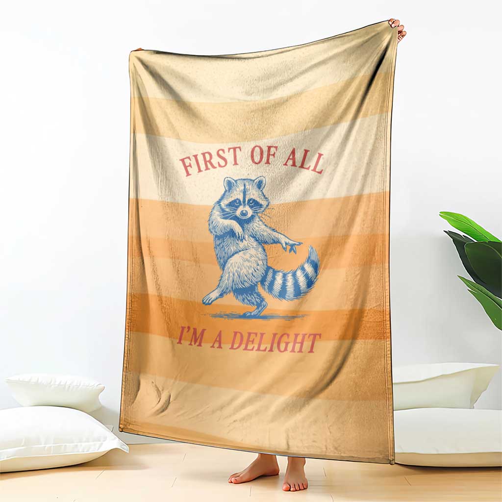 First Of All Raccoon Humor Blanket with Vintage Orange Stripes