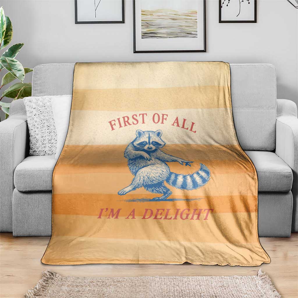 First Of All Raccoon Humor Blanket with Vintage Orange Stripes