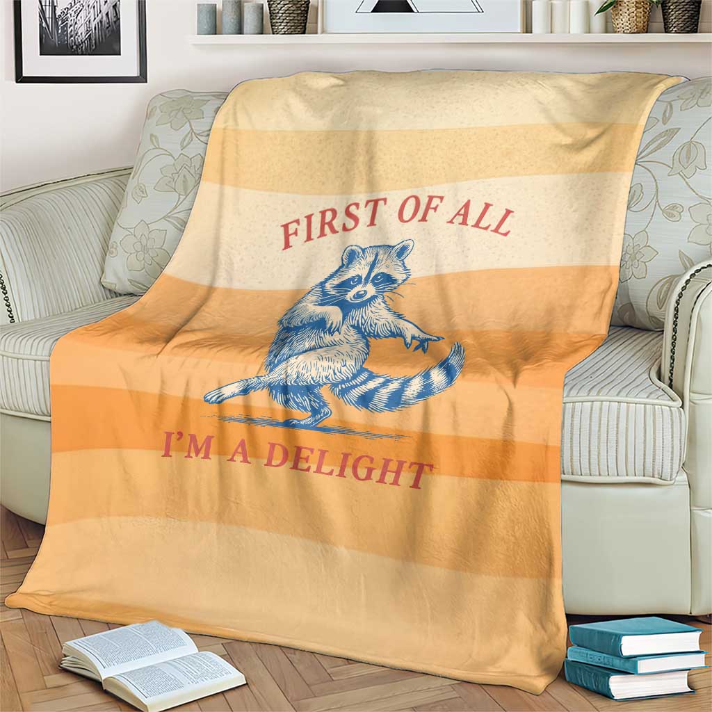 First Of All Raccoon Humor Blanket with Vintage Orange Stripes