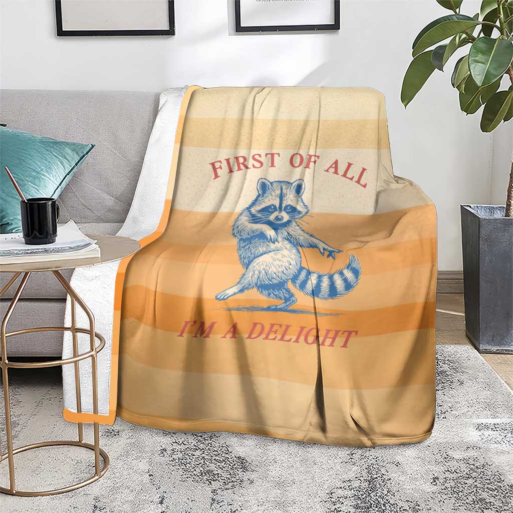 First Of All Raccoon Humor Blanket with Vintage Orange Stripes