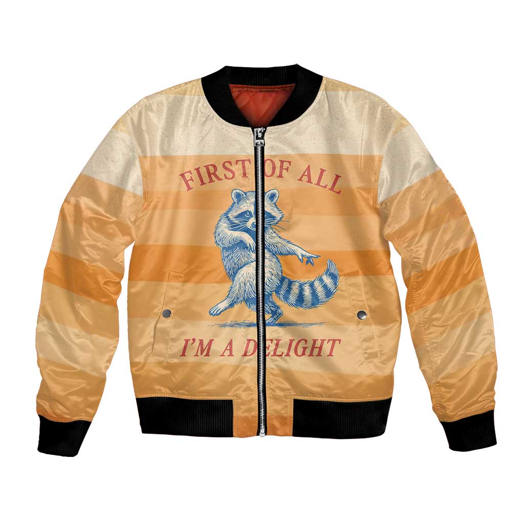First Of All Raccoon Humor Bomber Jacket with Vintage Orange Stripes
