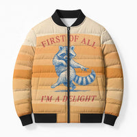 First Of All Raccoon Humor Bomber Puffer Jacket with Vintage Orange Stripes