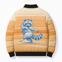 First Of All Raccoon Humor Bomber Puffer Jacket with Vintage Orange Stripes