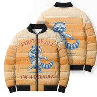 First Of All Raccoon Humor Bomber Puffer Jacket with Vintage Orange Stripes