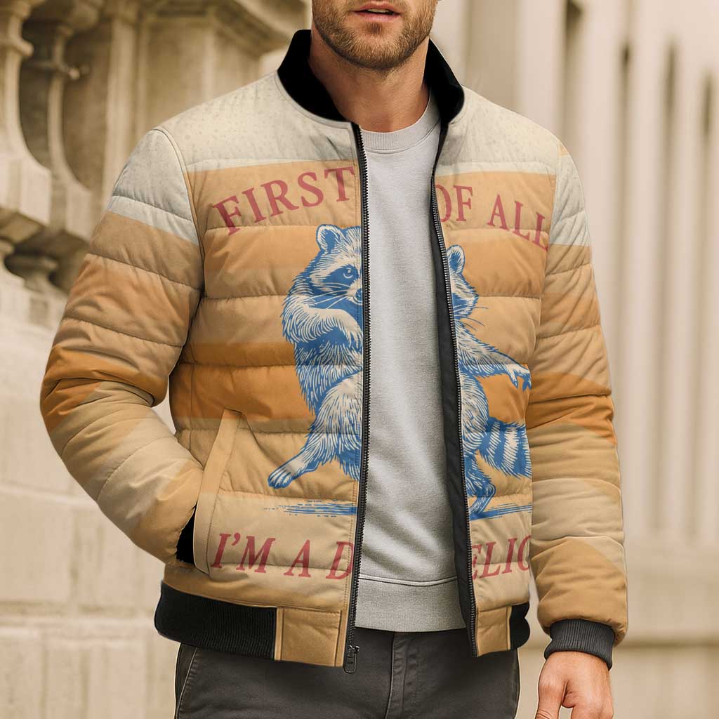 First Of All Raccoon Humor Bomber Puffer Jacket with Vintage Orange Stripes